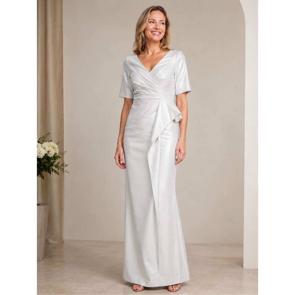 NWT Aidan Mattox Silver Shimmer Sheath Gown V-Neck Dress Sz 10 Mother of Bride F